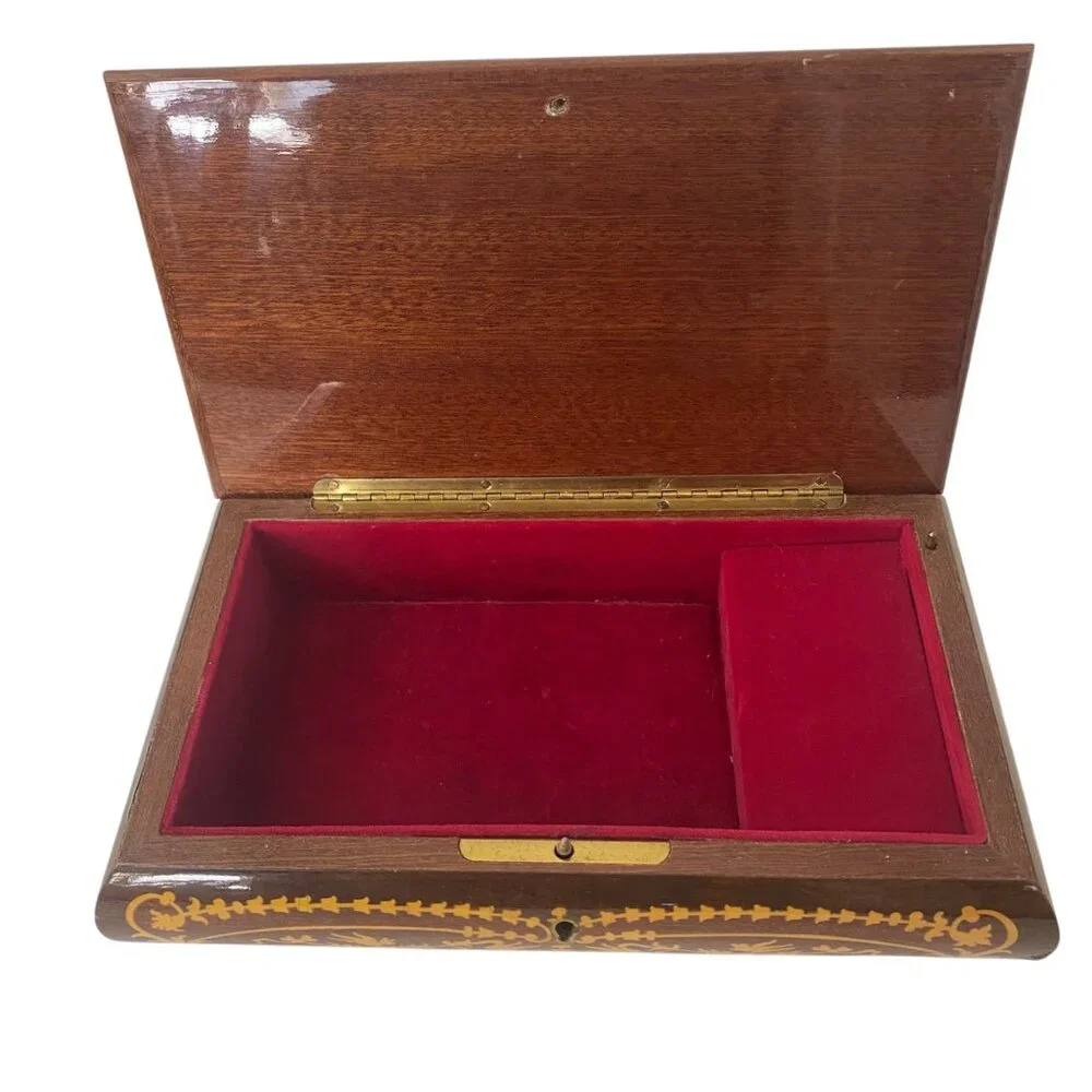 Vintage Wooden Inlaid Music Jewelry Box Ornate‎ Floral Design Red Velvet MCM